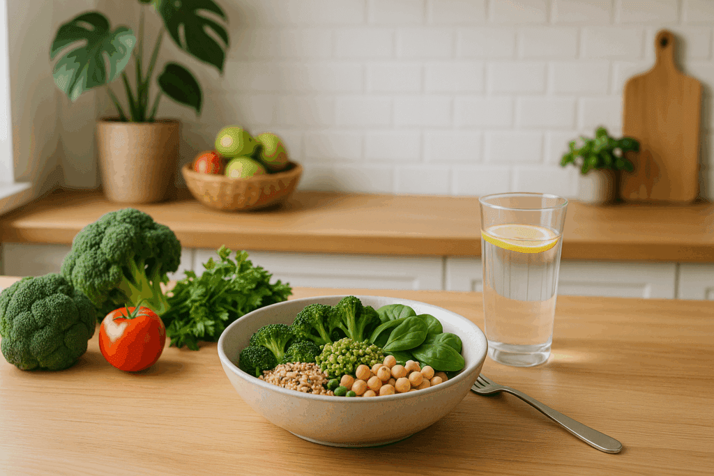 Smart Grocery Shopping for a Plant-Based Lifestyle: Your Complete Whole Food Plant Based Diet Grocery List Backed by Experts 4 Bright kitchen counter with a whole food plant based diet grocery list meal including chickpeas, spinach, quinoa, and fresh vegetables.