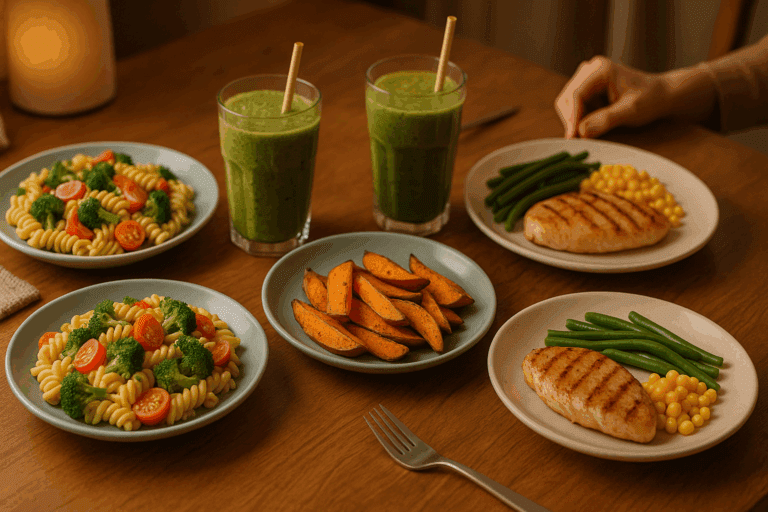 Colorful dinner table with veggie pasta, sweet potato wedges, grilled chicken, and smoothies—healthy dinner ideas for picky eaters.