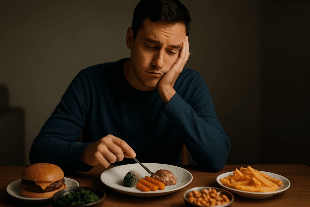Thoughtful adult man at dinner table staring at untouched vegetables and legumes, illustrating healthy dinner ideas for picky eaters