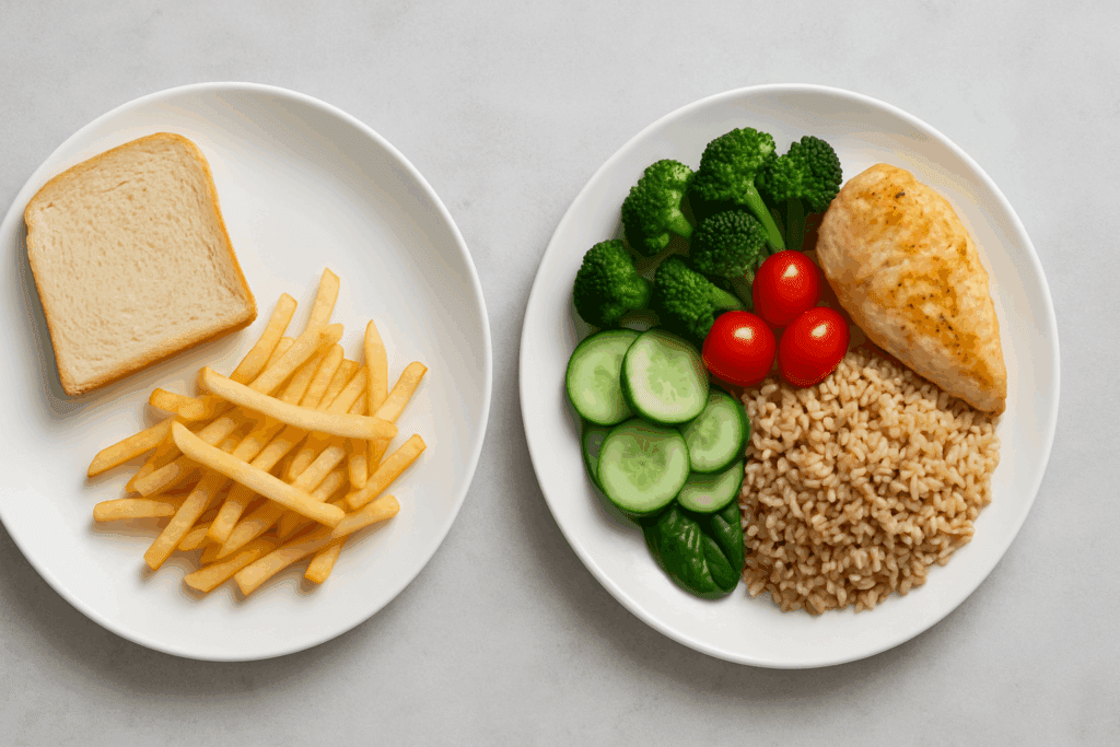 Side-by-side comparison of two dinner plates, one with plain fries and white bread, the other with colorful vegetables, brown rice, and grilled chicken—highlighting healthy dinner ideas for picky eaters