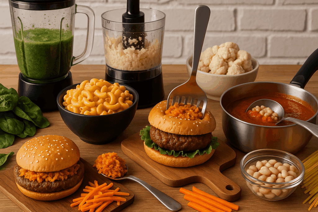 Blended spinach, mashed cauliflower, and carrots being hidden in mac and cheese, burgers, and pasta sauce as healthy dinner ideas for picky eaters.