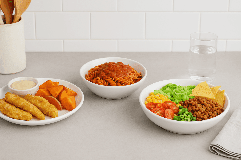 Flat lay of healthy dinner ideas for picky eaters, including baked chicken tenders with sweet potatoes, veggie marinara over lentil pasta, and a taco bowl with ground meat, corn, and tomatoes.