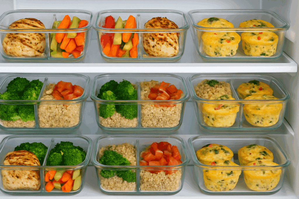 Glass meal prep containers with grilled chicken, quinoa, vegetables, and egg muffins on a fridge shelf—perfect healthy dinner ideas for picky eaters.