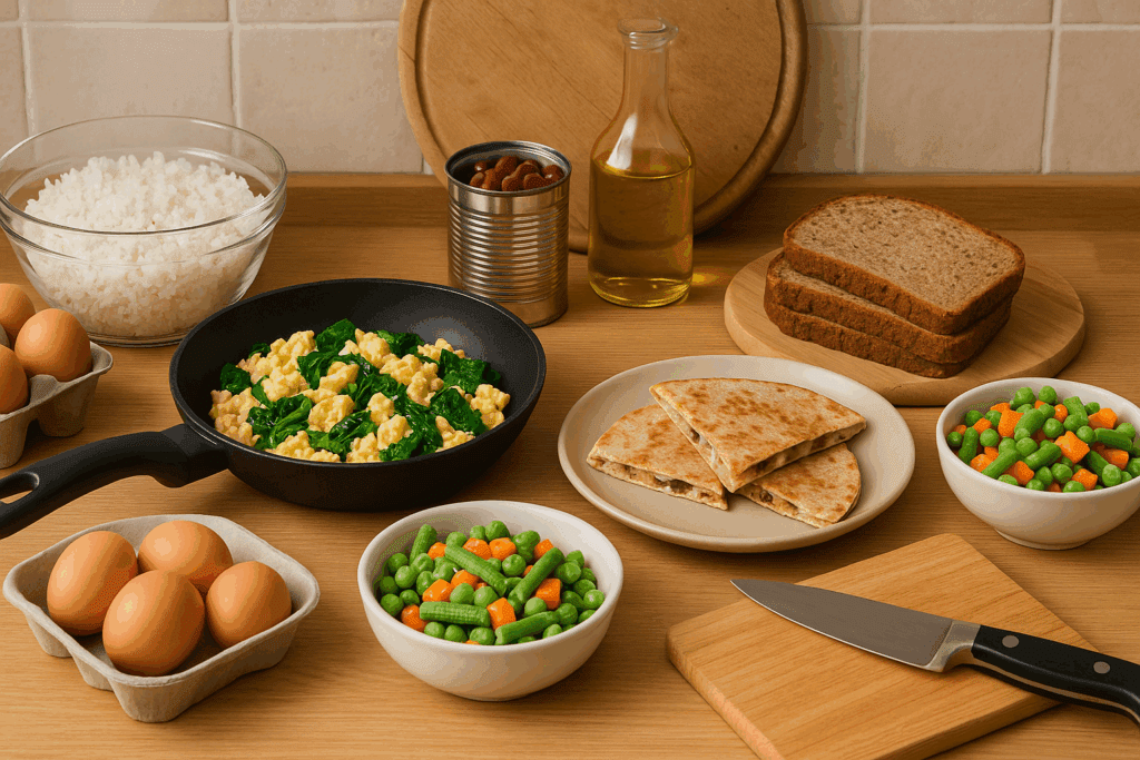Budget-friendly kitchen counter with rice, eggs, canned beans, frozen vegetables, and whole grain bread prepared into healthy dinner ideas for picky eaters.