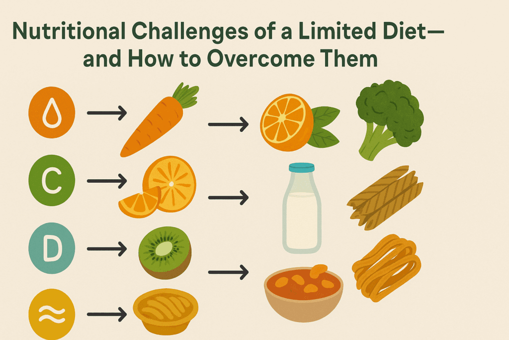 Color-coded infographic showing vitamin and fiber deficiencies with food swaps like lentils, milk, and broccoli—ideal for healthy dinner ideas for picky eaters.