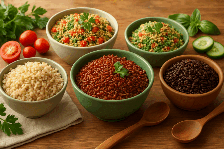 Bowls of cooked whole grain rice in brown, red, and black varieties alongside fresh bulgur salads with herbs and vegetables on a rustic wooden table