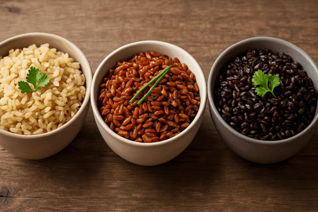 Three bowls of cooked whole grain rice—brown, red, and black—garnished with herbs on a rustic wooden table.