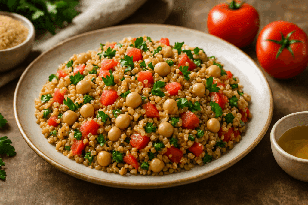 Whole grain rice salad with chickpeas, tomatoes, parsley, and olive oil served on a rustic ceramic plate in natural light.