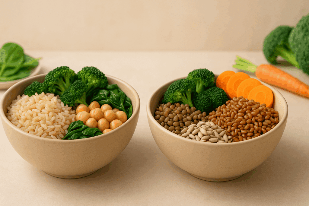 Two bowls filled with whole grain rice and whole wheat rice, paired with broccoli, legumes, and seeds for digestive support.