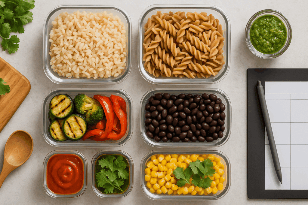 Meal prep containers filled with whole grain rice, grilled vegetables, black beans, and toppings arranged around a planner and cutting board