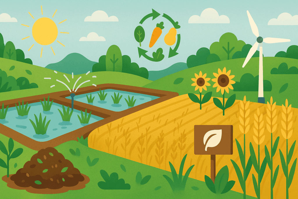 Sustainable farming fields with whole grain rice paddies, wheat crops, compost, wind turbine, and crop rotation symbols under sunlight