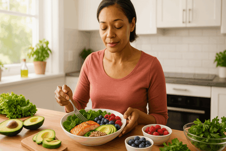 Woman preparing a colorful heart-healthy meal with salmon, avocado, berries, quinoa, and greens—ideal for what to eat after a heart attack