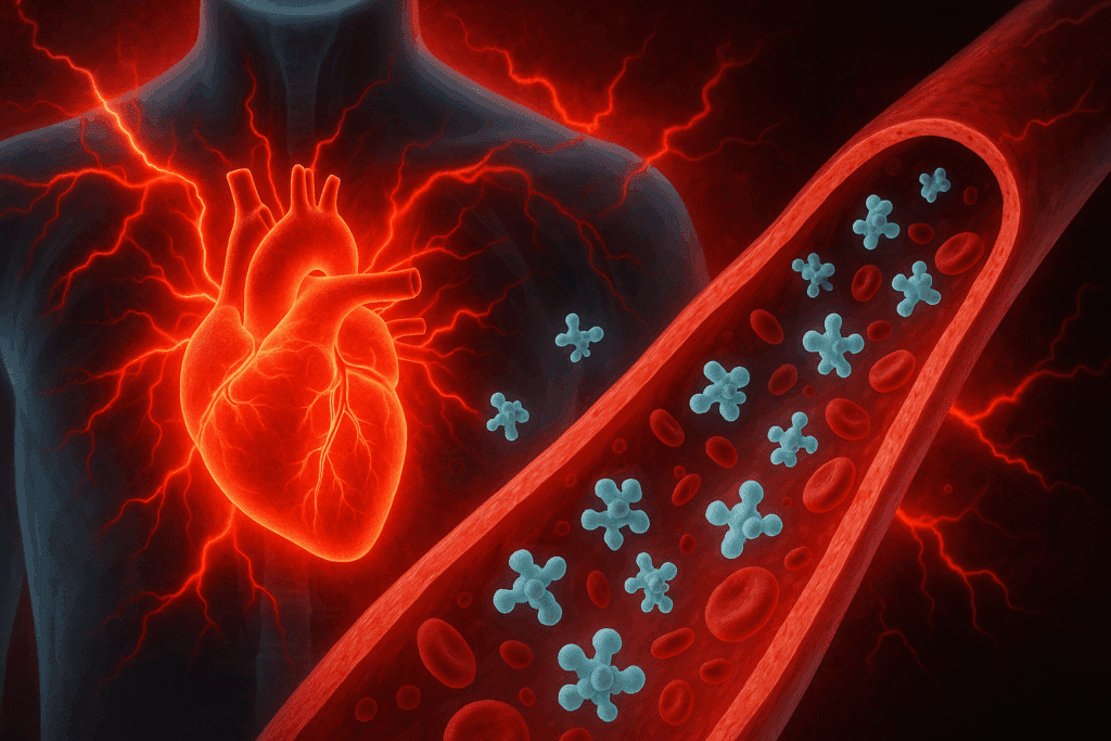 Smart Nutrition Strategies After a Heart Event: What to Eat After a Heart Attack and How to Reduce Troponin Levels Naturally 1 Glowing human heart releasing troponin into bloodstream with visual signs of artery stress, related to what to eat after a heart attack.