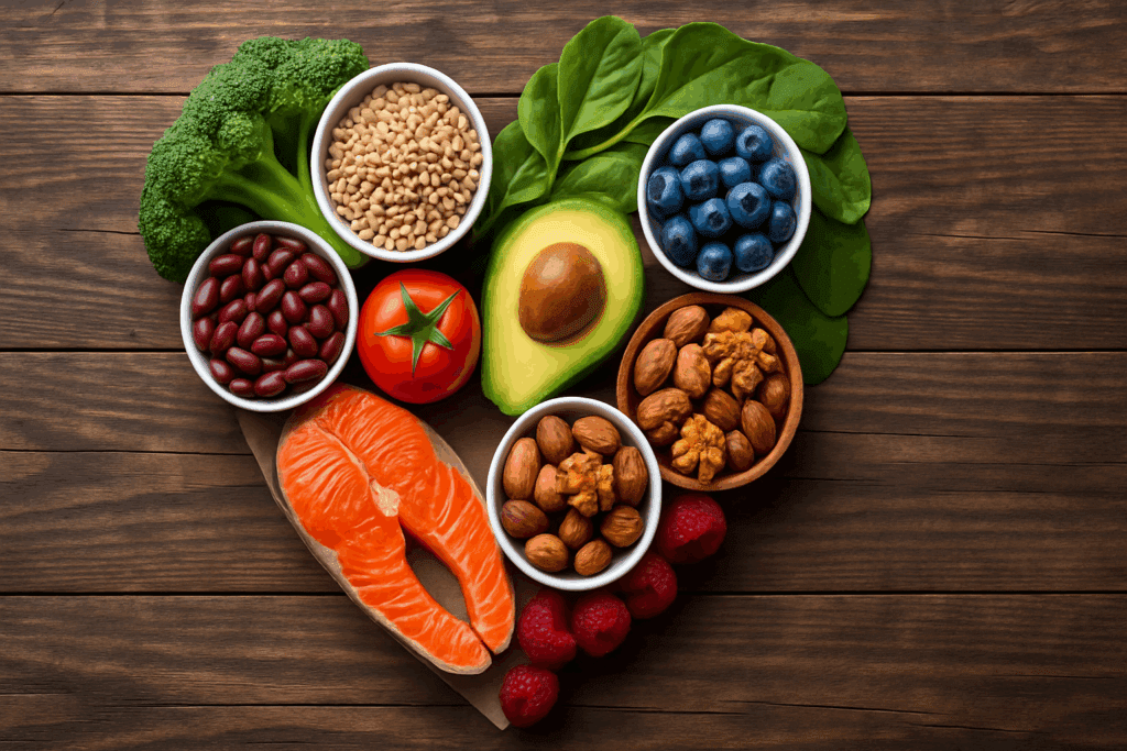 Smart Nutrition Strategies After a Heart Event: What to Eat After a Heart Attack and How to Reduce Troponin Levels Naturally 2 Heart-shaped arrangement of leafy greens, berries, salmon, nuts, legumes, and whole grains on a rustic table—highlighting what to eat after a heart attack.
