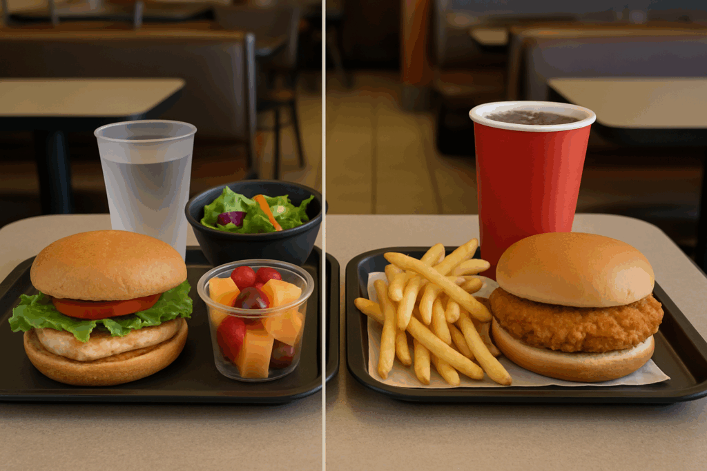 Smart Nutrition Strategies After a Heart Event: What to Eat After a Heart Attack and How to Reduce Troponin Levels Naturally 3 Split-screen showing what to eat after a heart attack—healthy grilled chicken, salad, and fruit beside fries, soda, and fried sandwich.