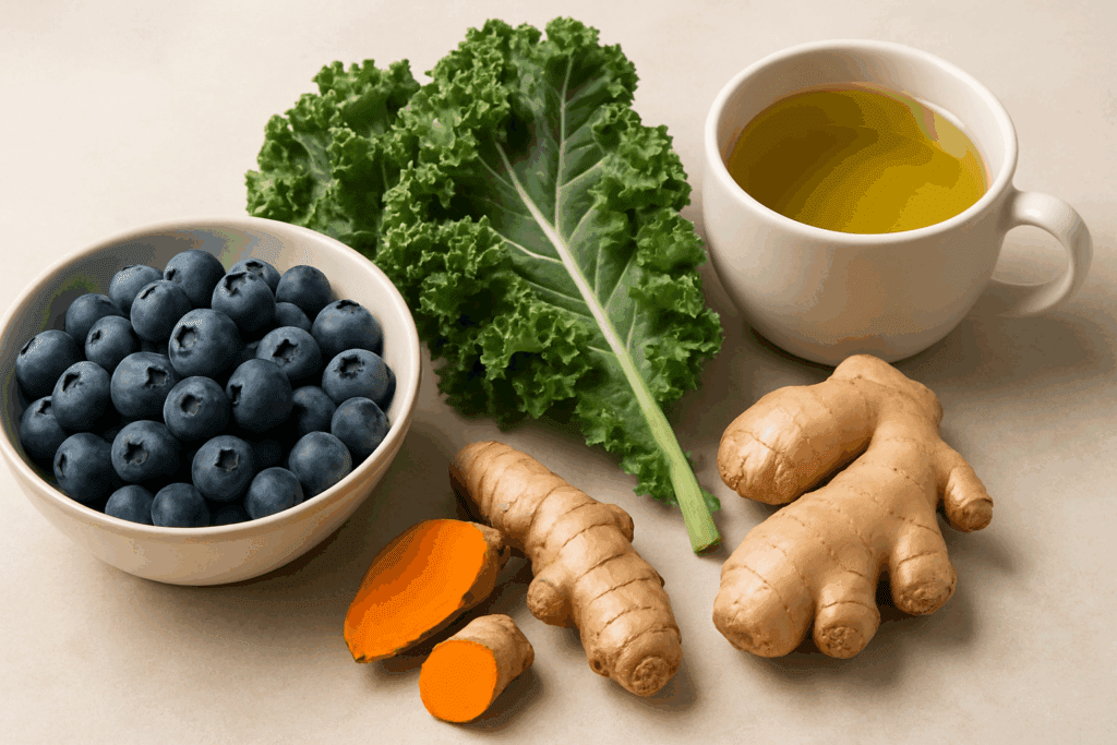 Smart Nutrition Strategies After a Heart Event: What to Eat After a Heart Attack and How to Reduce Troponin Levels Naturally 4 Fresh anti-inflammatory foods like blueberries, kale, turmeric, ginger, and green tea—ideal for what to eat after a heart attack