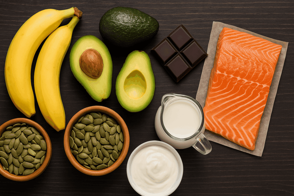 Smart Nutrition Strategies After a Heart Event: What to Eat After a Heart Attack and How to Reduce Troponin Levels Naturally 5 Top-down view of bananas, avocados, salmon, dark chocolate, and dairy products—foods rich in micronutrients recommended for what to eat after a heart attack.