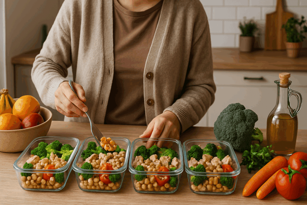 Smart Nutrition Strategies After a Heart Event: What to Eat After a Heart Attack and How to Reduce Troponin Levels Naturally 7 Meal prepping healthy dishes with vegetables and olive oil, showing what to eat after a heart attack for long-term heart health.