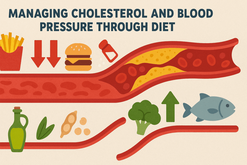 Smart Nutrition Strategies After a Heart Event: What to Eat After a Heart Attack and How to Reduce Troponin Levels Naturally 6 Visual comparison of clogged arteries from fast food versus healthy arteries supported by Mediterranean diet, illustrating what to eat after a heart attack
