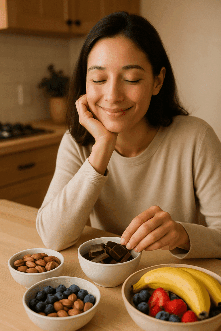 A woman sitting at a kitchen counter, enjoying a healthy snack of dark chocolate, almonds, and fresh fruit, with a smile, symbolizing balance and mindfulness about what to eat when you crave chocolate.