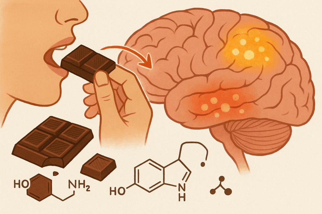 Brain diagram showing the activation of neurotransmitters dopamine and serotonin after consuming chocolate, highlighting the mood and pleasure effects related to what to eat when you crave chocolate.