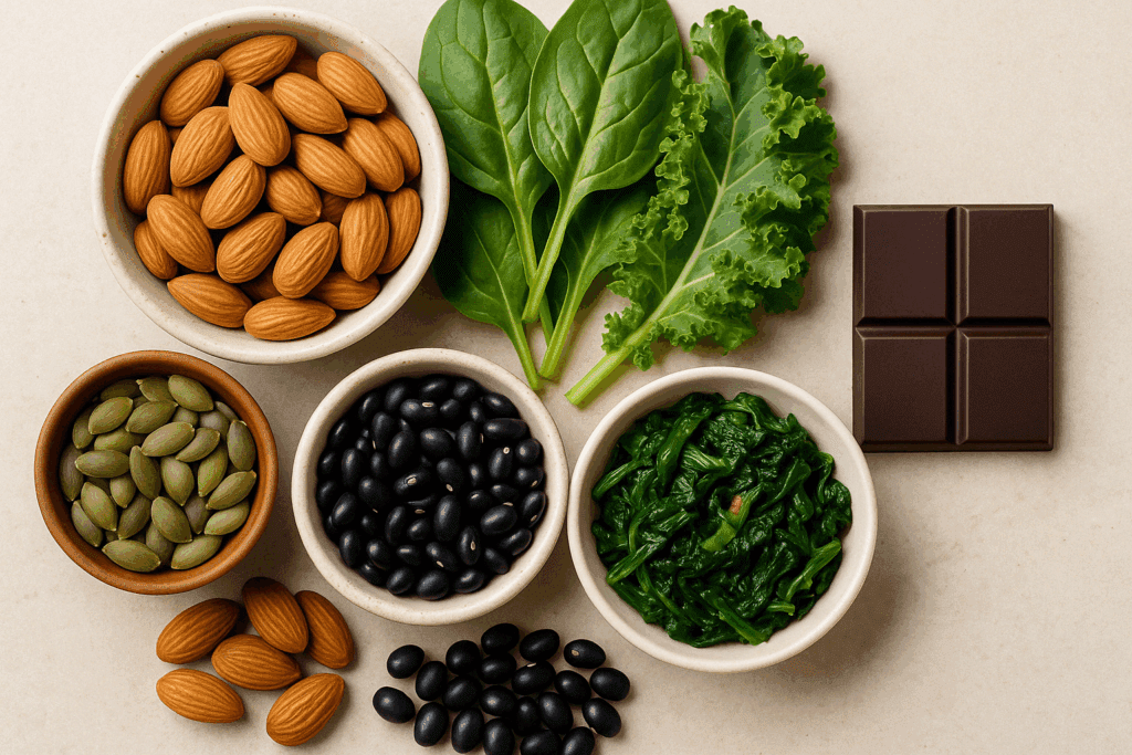 Healthy alternatives for what to eat when you crave chocolate, featuring magnesium-rich almonds, zinc-packed pumpkin seeds, iron-loaded black beans, and B-vitamin-rich leafy greens, with a side comparison to a piece of dark chocolate.