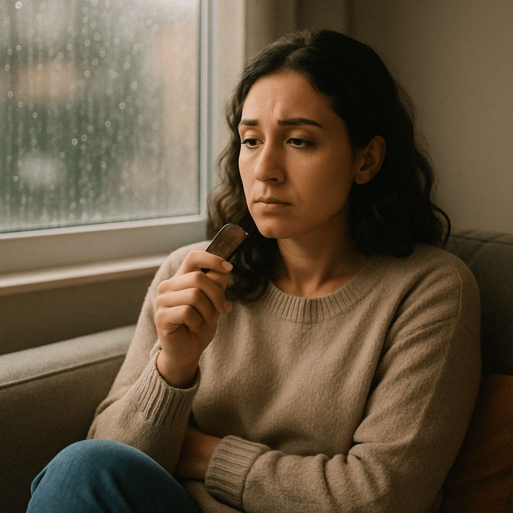 A woman sitting on a sofa, holding a piece of chocolate while gazing out of a rain-covered window, contemplating what to eat when you crave chocolate.