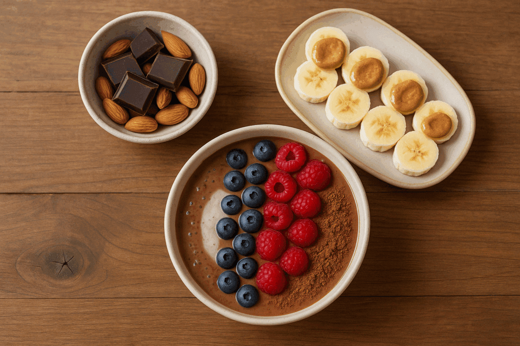 Healthy alternatives for chocolate cravings: a bowl of 85% dark chocolate with almonds, banana slices with almond butter, and a smoothie bowl with berries, plant milk, and cocoa, beautifully arranged on a wooden table. Perfect for what to eat when you crave chocolate.