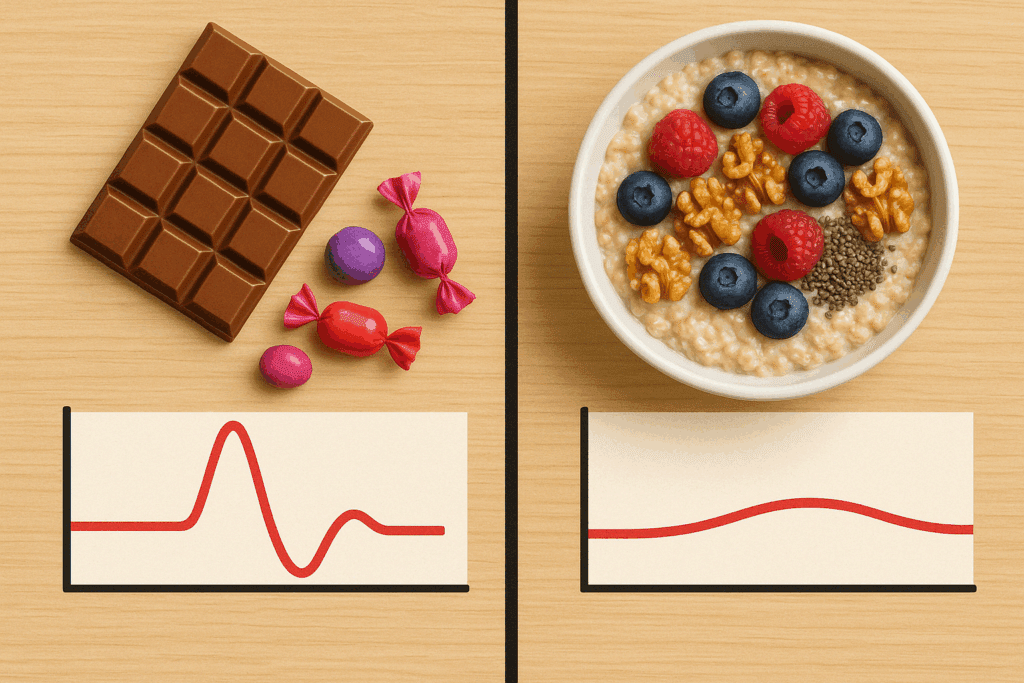 Comparison of blood sugar levels after eating refined sugar like candy and milk chocolate versus a balanced meal with oats, chia seeds, walnuts, and berries. The image illustrates what to eat when you crave chocolate, showing a spike in blood sugar with sweets and stable blood sugar with a nutrient-rich meal.