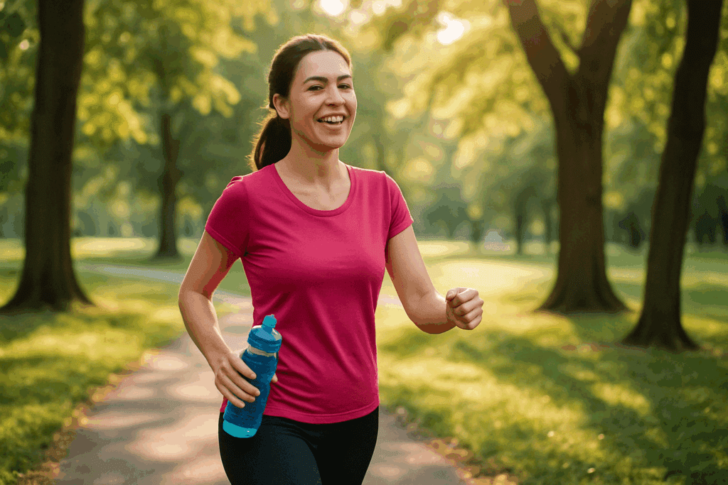 Fit woman walking briskly in a park, smiling and hydrated, representing an active lifestyle to reduce cravings, with focus on what to eat when you crave chocolate.