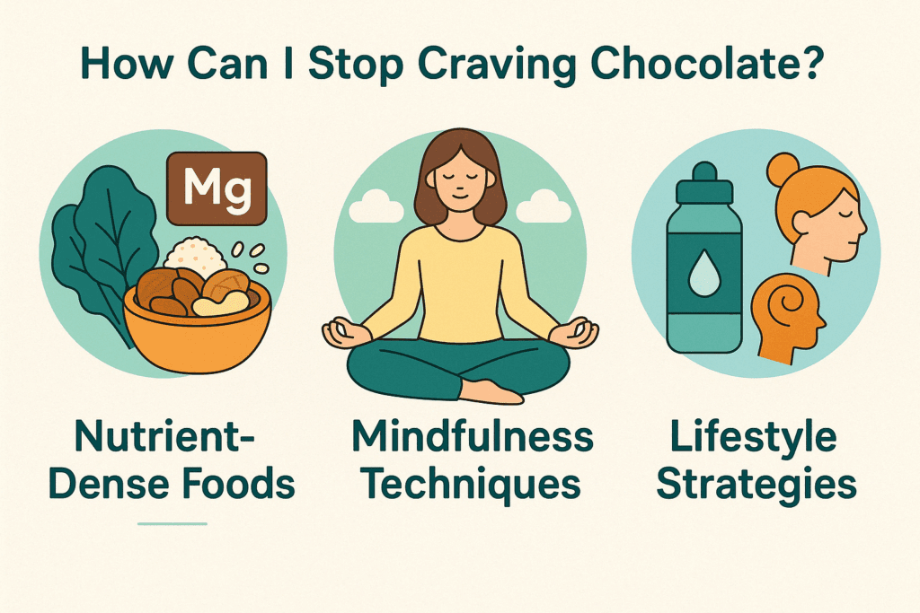 Infographic showing three strategies for managing chocolate cravings: nutrient-dense foods like magnesium-rich snacks, mindfulness techniques, and lifestyle strategies such as exercise and hydration.