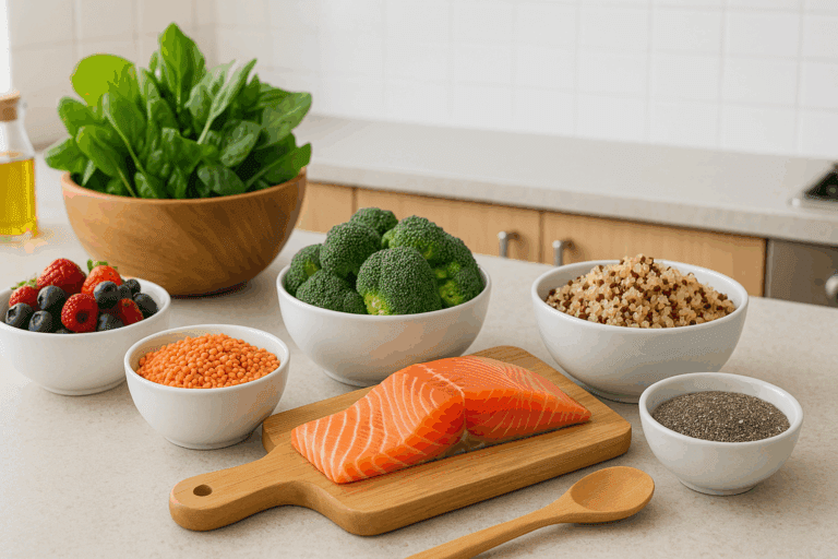Fresh ingredients for a high protein high fiber diet on a kitchen counter, including salmon, lentils, quinoa, broccoli, berries, and chia seeds.