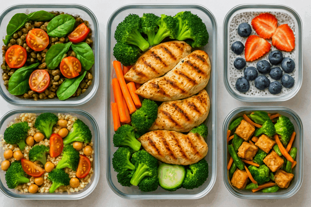 Meal prep containers with grilled chicken, lentil salad, quinoa chickpeas, tofu stir-fry, and chia pudding for a high protein high fiber diet.