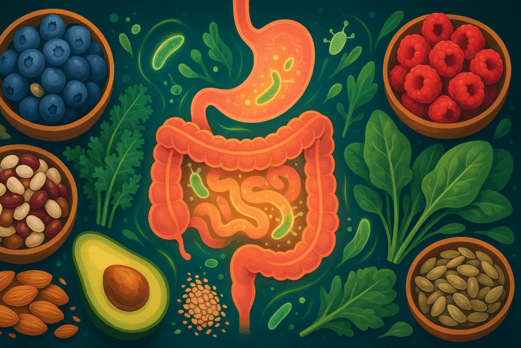 Stylized illustration of the human digestive system surrounded by plant-based foods like beans, berries, leafy greens, nuts, and seeds, symbolizing gut health benefits of a high protein high fiber diet.