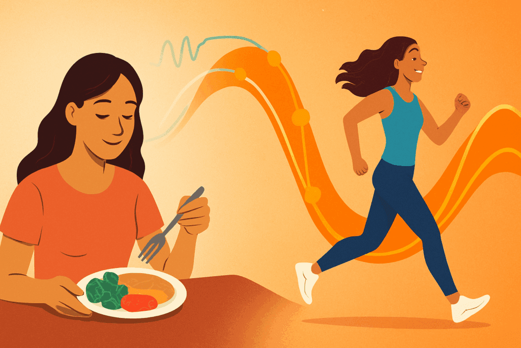 Woman eating a balanced meal then jogging, illustrating sustained energy from a high protein high fiber diet