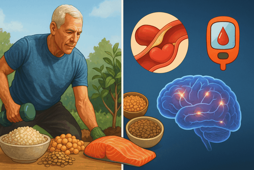 Split scene showing benefits of a high protein high fiber diet—an active older man gardening beside salmon, legumes, and grains, with symbols of heart, brain, and blood sugar health.