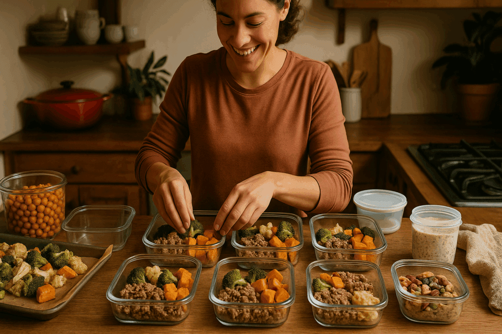Woman meal-prepping a high protein high fiber diet with chickpeas, roasted vegetables, and overnight oats in a cozy kitchen.