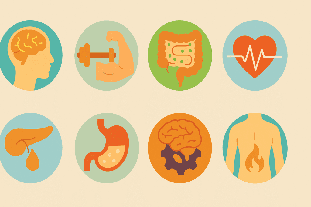 Infographic of health icons symbolizing benefits of a high protein high fiber diet, including muscle strength, gut health, and metabolic support