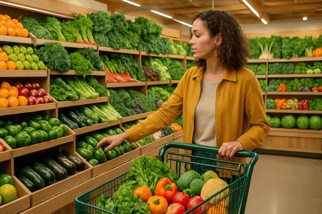 Shopper browsing colorful organic produce at Whole Foods Market, highlighting the best things to buy at Whole Foods Market for a healthy lifestyle.