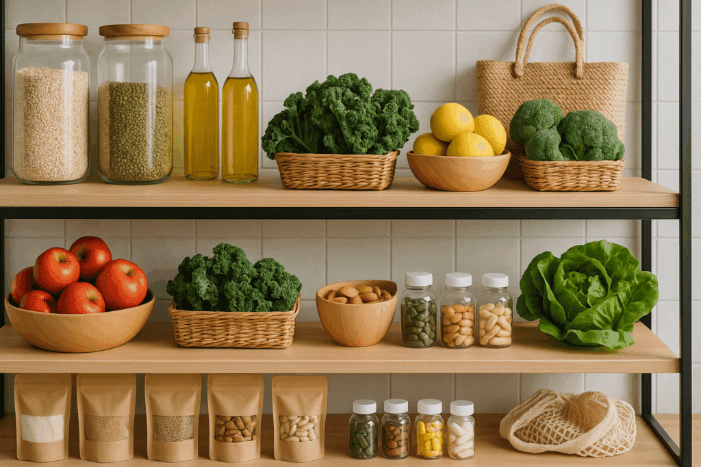 Clean-label grocery shelf featuring the best things to buy at Whole Foods Market, including leafy greens, natural supplements, and bulk grains in glass jars.