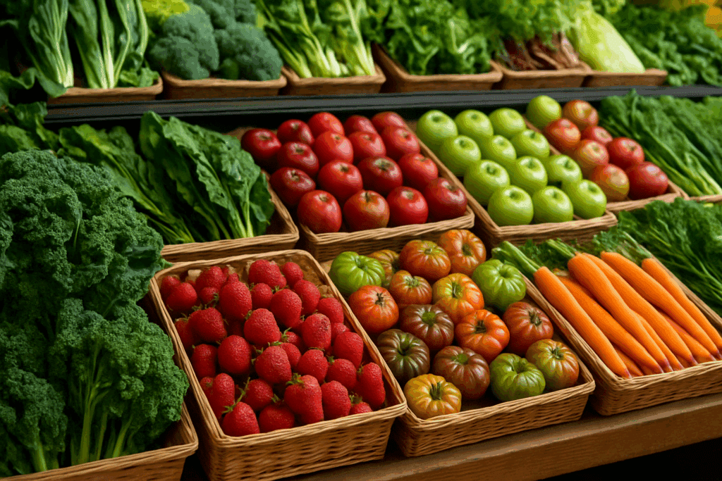 Colorful display of organic kale, strawberries, heirloom tomatoes, apples, and carrots in wooden crates—showcasing the best things to buy at Whole Foods Market.