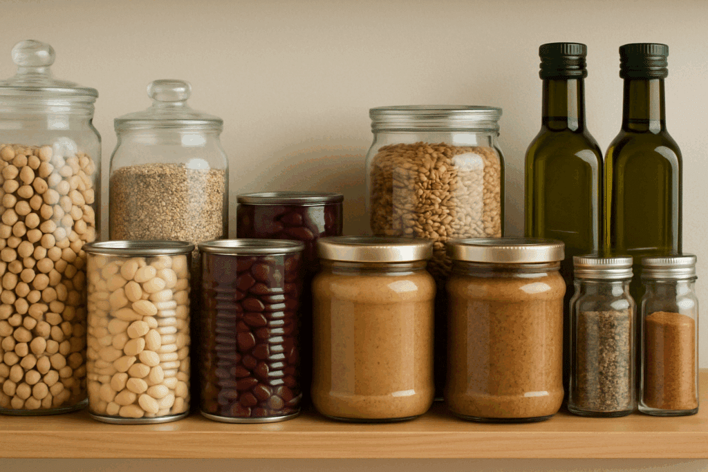 Organized pantry shelf with legumes, grains, canned beans, and nut butters—showcasing the best things to buy at Whole Foods Market