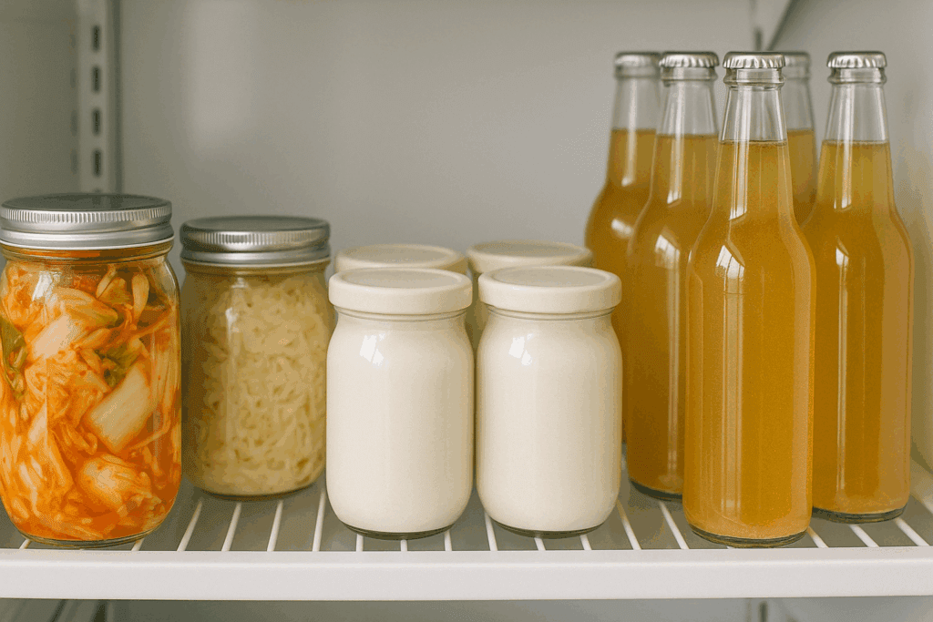 Fermented foods like kimchi, sauerkraut, plant-based yogurt, and kombucha—some of the best things to buy at Whole Foods Market for gut health.