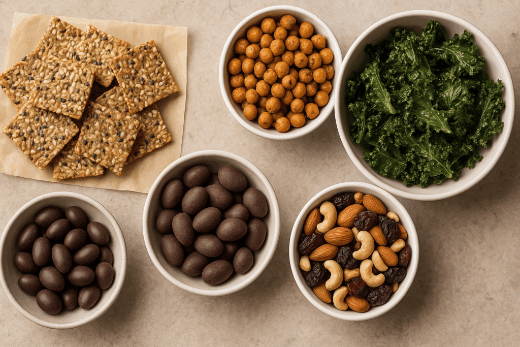 Healthy snack options on a rustic table, showcasing the best things to buy at Whole Foods Market like kale chips, trail mix, and seed crackers.