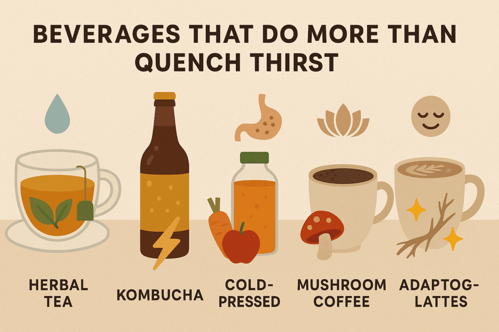Infographic showing five functional drinks—herbal tea, kombucha, cold-pressed juice, mushroom coffee, and adaptogenic lattes—each visually representing unique wellness benefits like hydration, gut health, calm, and energy, as part of the best things to buy at Whole Foods Market.