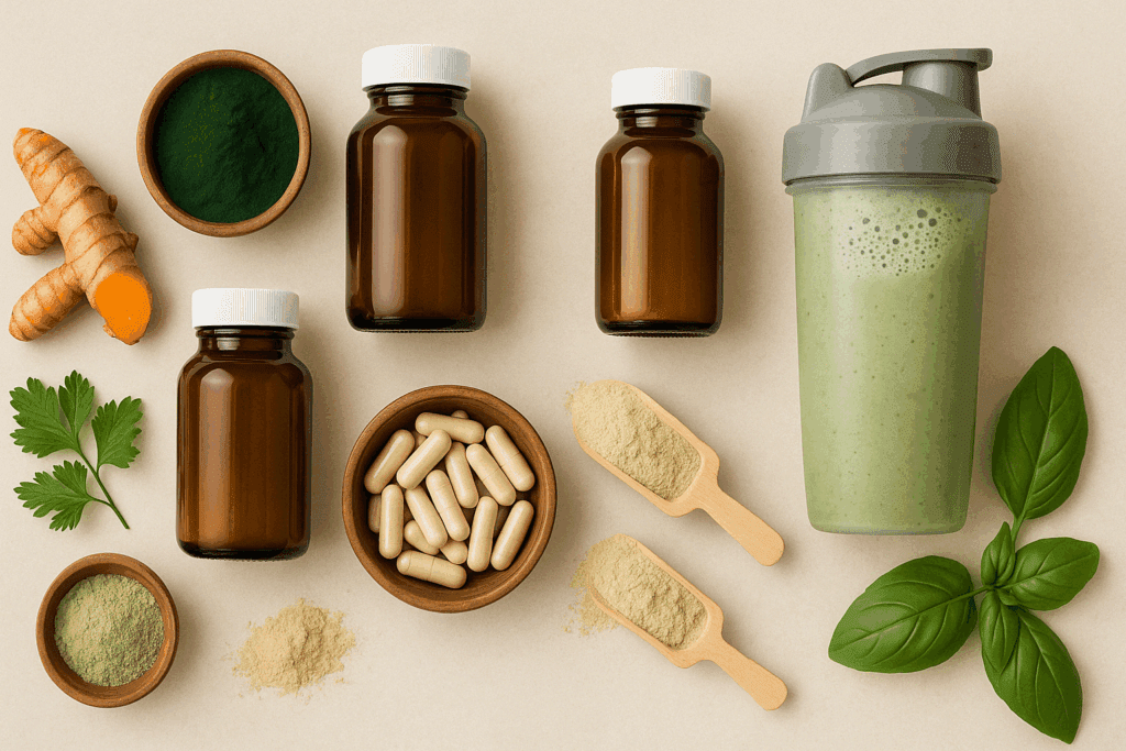 Flat lay of wellness supplements, leafy herbs, and smoothies on beige background, representing the best things to buy at Whole Foods Market.