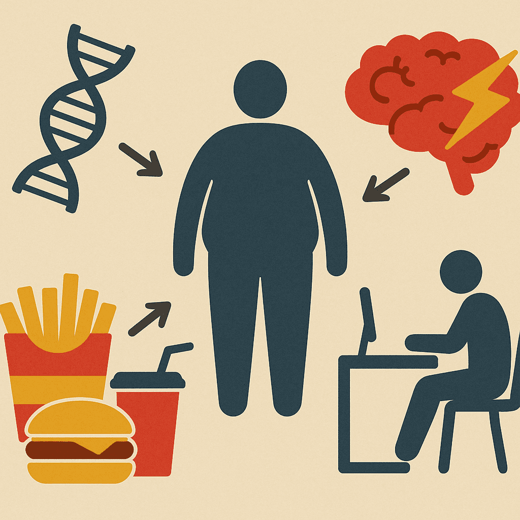 Conceptual illustration showing how to stop being fat with arrows pointing to a person from genetics, stress, junk food, and sedentary lifestyle