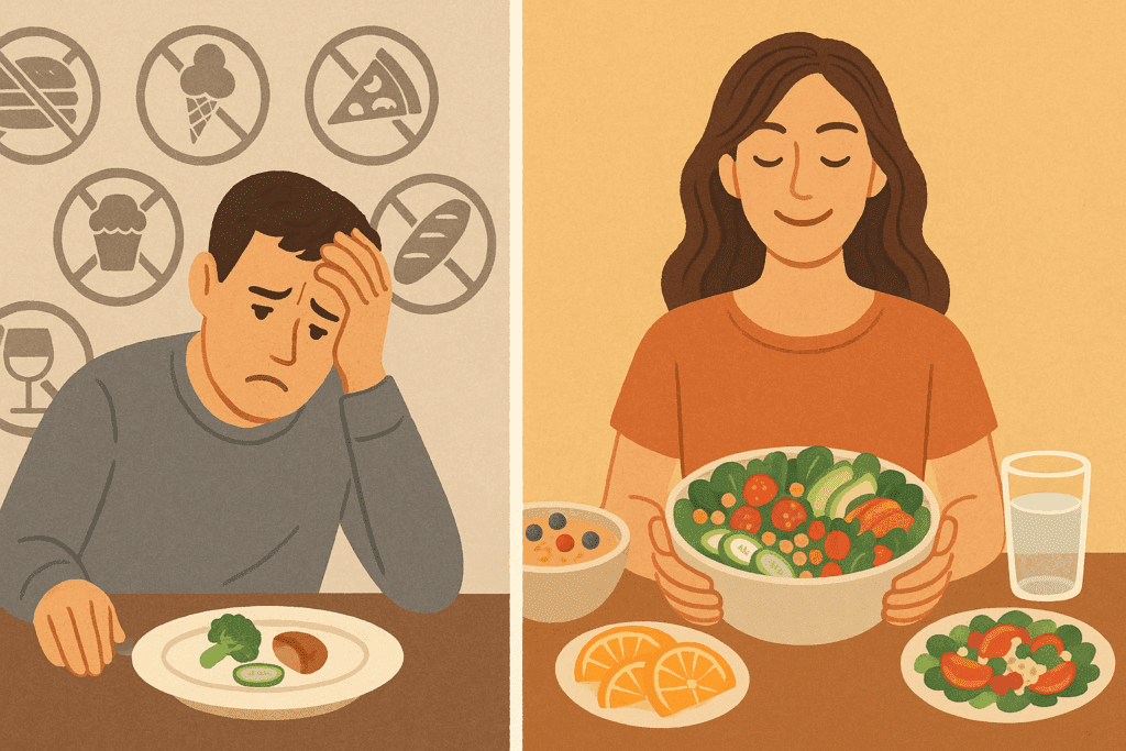 Side-by-side comparison of a stressed man on a restrictive diet and a happy woman eating colorful, healthy food—illustrating how to stop being fat through sustainable lifestyle changes.