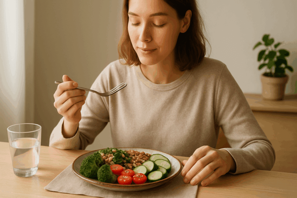 Woman practicing mindful eating with whole foods at a calm table, illustrating how to stop being fat through healthier habits