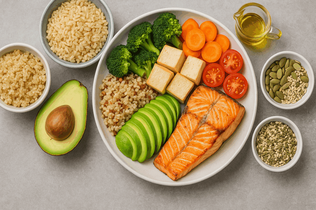 Balanced meal with grilled salmon, tofu, quinoa, avocado, and colorful vegetables showing how to stop being fat through nutritious eating